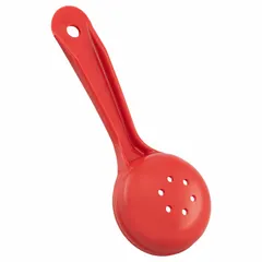 This perforated acetal spoon provides consistent 2 oz portions for solid foods in commercial kitchens. The red color aids identification, and the short handle design suits high-volume serving. NSF certified for food contact.