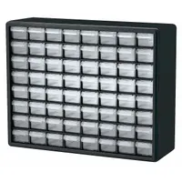 This plastic small parts drawer cabinet features 64 clear polystyrene drawers, each measuring 2-1/8 in x 6 in x 1-1/2 in, for organizing and storing small components. The black cabinet is stackable and has overall dimensions of 20 in x 6-1/2 in x 15-3/4 in. Suitable for use in workshops, assembly areas, and maintenance facilities to store screws, nuts, bolts, and electronic parts