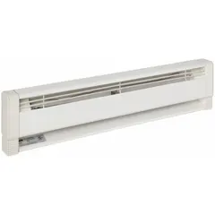 This commercial-grade oil-filled electric baseboard heater provides convection heating without a fan. It operates at 208/240V AC and delivers 562W or 750W output. The housing is Navajo White with a conventional style. Thermostat is not included.