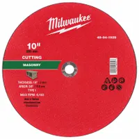 Type 1 cut-off wheel with 30 grit silicon carbide abrasive for cutting concrete and masonry. Measures 10 inches in diameter, 1/8 inch thickness, with a 5/8 inch arbor hole. Suitable for use on block, brick, and stone surfaces