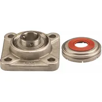 This NTN flange-mount ball bearing has a 1 3/4 in cylindrical bore, set screw locking, and an open cap. It is lubricated with FDA/USDA-H1 solid grease for incidental food contact. Dimensions: 5 25/64 in length, 2 1/16 in width, with 5/8 in mounting bolt size. Suitable for food processing and packaging equipment