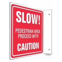 This 8 in x 8 in sign is made of PETG and features mounting holes for installation. It is not retroreflective and has no glow-in-the-dark or anti-slip surface. Used to alert personnel to slow down in pedestrian zones within facilities such as warehouses and plants.