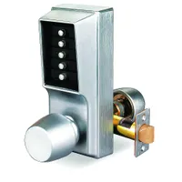 Mechanical push button lockset for interior doors, providing keyless code entry without key override. Suitable for commercial and industrial facilities requiring controlled access without electronic wiring. Chrome finish
