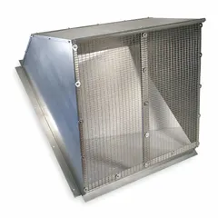 This steel weather hood is designed for wall-mount ventilation fans with a 20-inch blade diameter. It measures 22-1/2 by 22-1/2 inches and is made of 18-gauge steel. The hood protects the fan and building interior from rain, snow, and debris while allowing airflow, suitable for industrial exhaust systems, warehouses, and commercial kitchens.