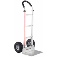 This MAGLINER hand truck features a corrosion-resistant silver aluminum frame and pneumatic tires, suitable for outdoor and harsh environments. The flow-back handle design aids maneuvering in tight spaces. Typical applications include moving heavy loads in industrial, warehouse, and commercial settings