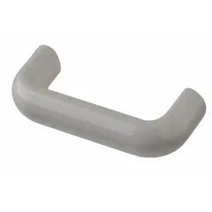 Fixed, non-recessed pull handle made of white gloss-finished technopolymer. Features M8 threaded mounting holes, 0.79 in grip thickness, and 3.82 in grip length. Suitable for use on industrial cabinets, machinery doors, and enclosures requiring a corrosion-resistant grip.