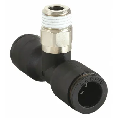 LEGRIS Push-Fit Tee Fitting: 1/4 in OD x 1/4 in OD x 1/8 in Pipe Size, Tube x Tube x MBSPT - Nylon & Nickel-Plated Brass Tube Fittings