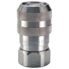 PARKER FET Series hydraulic quick-connect coupling body with 1"-11-1/2 FNPT thread, constructed from 316 stainless steel. Features an ethylene propylene seal for compatibility with water-based fluids and corrosive environments. Suitable for high-pressure fluid transfer in industrial hydraulic systems.