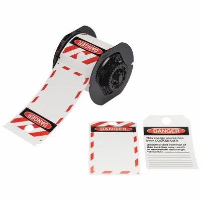BRADY Pre-Cut Label Stock Roll: Danger, 5 3/4 in x 3 1/4 in, Polyester, White - Brady Danger Tags on Roll