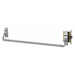 Mortise-type exit device with crossbar push pad for doors up to 44 inches wide. Chrome finish with dummy pull outside trim. ADA compliant for code-compliant egress in commercial buildings.