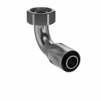 Steel 90° elbow hydraulic hose fitting with female metric thread (M45-2) on one end and crimp connection for -20 dash size hose on the other. Used to connect metric-threaded ports to hose in high-pressure fluid power systems, common in industrial machinery and mobile equipment