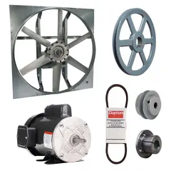 This unassembled belt-drive panel exhaust fan features a 30-inch blade driven by a 3/4 hp, single-phase motor delivering 10,798 cfm. The motor is totally enclosed fan-cooled with Class B insulation, and the frame is zinc-plated steel with cast construction. It operates on 115/208-230V AC and is intended for general ventilation applications such as removing heat, fumes, and odors from industrial and commercial spaces.