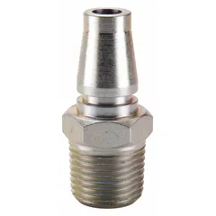 This plug-type, push-to-connect coupling is constructed from steel with male NPT threads. It is used for quick, secure connections in compressed air lines within industrial pneumatic systems.