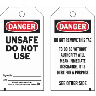 BRADY Tags: Black/Red/White, Cable Tie, 25 Tags - Danger/Unsafe Do Not Use Signed By: Date: / Danger/Do Not Remove This Tag To Do So Without Authority Will Mean Immediate Discharge. It Is Here For A Purpose Tags