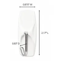 White adhesive-backed utility hook with a single point, 2 in base height, and 2 5/32 in overall height. Suitable for hanging lightweight items in residential or commercial settings. Pack of 35
