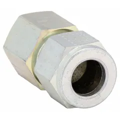 Steel compression fitting adapter with double-ferrule design, connecting 1/2 in OD tubing to 1/4 in FNPT threaded ports. Features 3/4-20 thread size and Compression x FNPT connection. Compatible with Parker A-LOK fitting brands. Used in instrumentation, hydraulic, and pneumatic systems for leak-tight sealing.