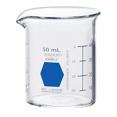 KIMBLE Colorware Beaker: 50 mL, 1.69 fl oz, A, Low Form, Type I, Blue - Color Coded Low Form Glass Beakers