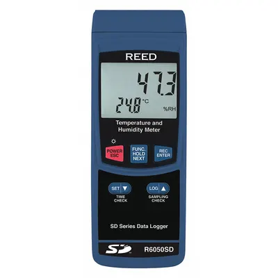 REED INSTRUMENTS Temperature Humidity Meter: Cabled, 7 in x 2.7 in x 1.9 in - Data Logging Temperature & Humidity Meters