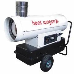 Wheeled-mounted indirect-fired torpedo heater with a 4,600 sq ft heating area. Features LED diagnostics and a 17.2 gal fuel tank providing up to 22 hours of continuous operation. Suitable for temporary heating of large indoor or outdoor spaces such as construction sites, warehouses, workshops, and event tents.