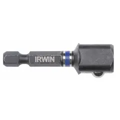 This power socket adapter converts a 1/4" male hex drive to a square drive for use with standard sockets. It features a manganese phosphate finish for corrosion resistance and a locking mechanism to secure the socket. Commonly used in automotive, construction, and industrial applications with power tools.