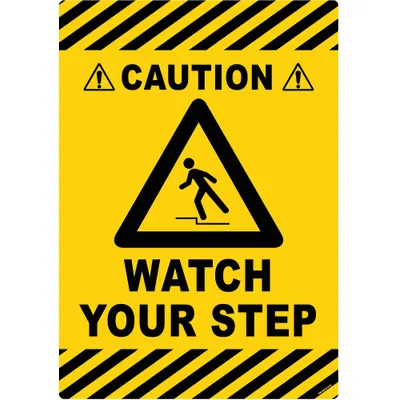 STRANCO Anti-Slip Floor Sign: Vinyl, Adhesive Sign Mounting, 20 in x 14 in Nominal Sign Size - Caution, Watch Your Step Floor Signs