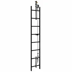 The 3M Cable Vertical Safety System is a steel, automatic pass-through lifeline system for fixed ladders. It includes three guides and features a trailing cable sleeve type. The system has a 90 ft lifeline length and a 310 lb capacity, designed for fall protection on vertical structures.