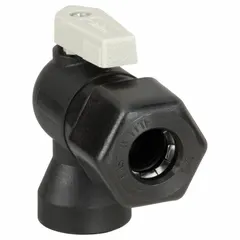 This Parker ball valve features a polypropylene body and is NSF 51 compliant for potable water contact. It has a full-port, angle configuration with Sweat (solder) inlet and female NPT outlet, operated by a lever handle. Suitable for flow control in plumbing systems requiring sanitary materials.
