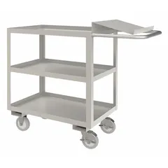 This corrosion-resistant utility cart features three lipped metal shelves for organized order picking and transport. It has a flat type design with overall dimensions of 45 in L x 18 in W x 39 in H. The cart is equipped with two swivel casters with brake and polyurethane wheels for smooth maneuverability on hard floors. Suitable for moving loads up to 1200 lb in industrial and warehouse environments.