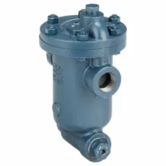 Cast-iron, in-line steam trap with 1 1/4 in FNPT connections. Maximum capacity of 4,000 lb/hr at up to 30 psi and 450°F. Includes a strainer. Designed for horizontal installation to discharge condensate from steam lines while preventing steam loss.