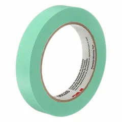 This green colored masking tape features an acrylic adhesive on a crepe paper backing, designed for indoor and outdoor use on glass surfaces. The 1-inch width and 60-yard length provide ample material for masking tasks requiring clean paint lines and resistance to UV and moisture.