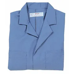This RED KAP collared lab coat is made of blue polyester/cotton fabric and features four pockets. It is suitable for use in laboratory, industrial, and clean-room environments where a protective garment is required.