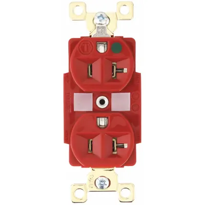 BRYANT Receptacle: Hospital Grade Fed. Spec., Duplex, 5-20R, Red, 125V AC, 20 A - General Purpose Receptacles