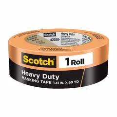 Orange crepe paper masking tape with rubber adhesive, 6.7 mil thick, 1 7/16 in wide, 60 1/8 yd long. For indoor/outdoor use on metal surfaces. Provides clean paint lines and temporary surface protection in painting and manufacturing applications.