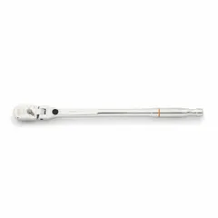 This GEARWRENCH flex-head ratchet features a pear-head design with a reversible action and full polish chrome finish. It is non-magnetic and has an overall length of 13-1/2 inches. Suitable for general industrial fastening tasks, particularly in confined spaces where a straight handle cannot be used.