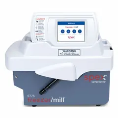 Cryogenic grinding mill with 5 mL capacity, dual grinding and cooling chambers, and manual fill operation. Operates at 115V AC with a maximum speed of 15 RPM and accepts feed material up to 7 mm grain size. Used for milling heat-sensitive or tough materials such as polymers, spices, or biological tissues at low temperatures.