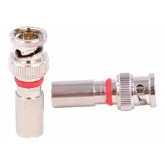 Male BNC compression connector for RG-6 coaxial cable. Silver body with nickel plating and gold center contact. Suitable for video, data, or RF signal transmission in broadcast, security, or telecommunications systems. Supplied in a 10-pack.