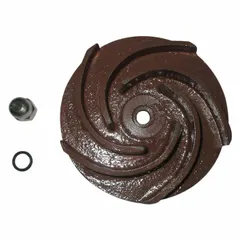 This cast iron impeller features a semi-open design for straight centrifugal pumps. It includes a lock nut and is intended as a replacement part for compatible Dayton pump models. Typical applications include water circulation, cooling, and general fluid transfer.