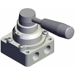 Manual air control valve with lever actuator and side-ported body for two-position operation. Ports are 1/4 in BSPT; maximum operating pressure is 1 MPa. Used to start, stop, or redirect compressed air in pneumatic systems.