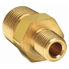 Threaded extreme-pressure instrumentation pipe fitting. Brass construction with 1/2 in x 1/4 in NPT threads. Length 1 45/64 in. Rated for maximum operating pressure of 3,900 psi. Used to connect or reduce pipe sizes in high-pressure hydraulic, pneumatic, and process instrumentation systems.