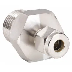 This double-ferrule stainless steel fitting connects 1/4 in OD tubing to a 1/2 in MBSPP threaded port. It is used in instrumentation, hydraulic, and process systems requiring leak-tight, vibration-resistant connections. Compatible with Parker A-LOK fittings.