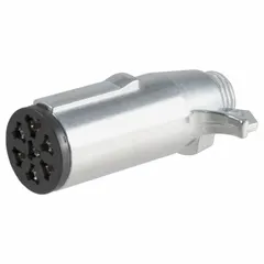 This 7-way plastic trailer plug connects a tow vehicle's electrical system to a trailer for lighting, brakes, and auxiliary power. It is used in fleet and vehicle maintenance applications requiring a standard 7-pin connection for utility, boat, and RV trailers.