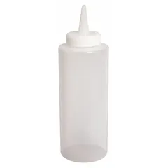 This clear squeeze bottle from CRESTWARE has a 24 fl oz capacity, a 1-1/2 in opening diameter, and a 10 in overall height. It is designed for dispensing liquids such as sauces, oils, or cleaning solutions in food service, laboratory, or industrial settings. Not dishwasher safe.