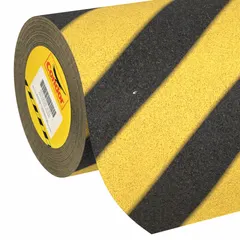 Continuous roll antislip tape with very coarse 46 grit surface and aggressive adhesive for heavy-traffic areas. Striped black/yellow pattern provides high visibility. Chemical-resistant for indoor and outdoor use. Meets NFSI specifications.