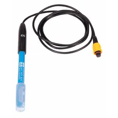 Digital pH probe with a cylindrical plastic body and fiber junction for laboratory pH measurement across the full 0 to 14 pH range. Features a 1.5 m cable length and 12 mm overall diameter. Suitable for aqueous sample testing in general laboratory applications.