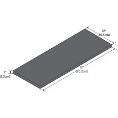 Phenolic shelf for laboratory shelving systems. Measures 30 in overall length, 12 in overall width, and 1 in overall height. Black finish. Provides a chemical-resistant surface for organizing lab equipment and glassware.