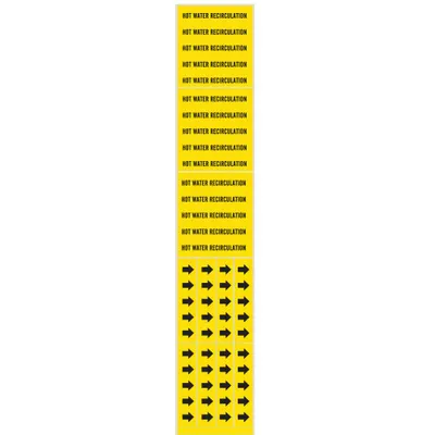 BRADY Pipe Marker: Hot Water Recirculation, Yellow, Black - Hot Water Recirculation Adhesive Pipe Markers