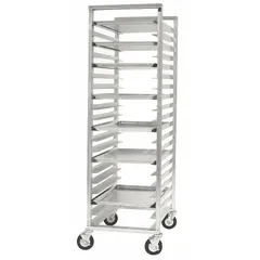 This standard-duty end-loading sheet pan rack holds full-size 18 x 26 in pans. It features 20 slots with 3 in between shelves and a 250 lb capacity. Constructed of gray aluminum, it measures 22 in W x 69 3/4 in H x 29 5/8 in D. NSF certified, it is suitable for commercial kitchen use such as proofing, cooling, or storing prepared foods.
