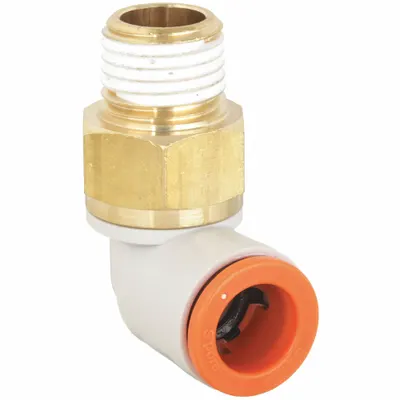 SMC Push-Fit Elbow Fitting: 3/8 in OD x 1/4 in Pipe Size, Push-to-Connect x BSPT - Polybutylene & Brass Tube Fittings