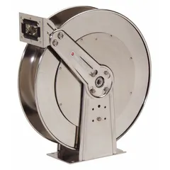 This corrosion-resistant stainless steel dual-pedestal washdown spring-return hose reel is designed for industrial washdown, sanitation, and marine applications. It accommodates up to 50 ft of 3/4 in I.D. hose and operates at a maximum pressure of 500 psi. The reel features a stainless steel swivel and measures 24 in L x 10-1/2 in W x 25-3/8 in H.