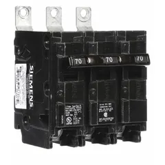 The Siemens B370 is a 70 amp, 240V AC, 3-pole miniature circuit breaker from the BL Series. Designed for bolt-on mounting in Siemens P1 Panelboards, it provides overcurrent protection in three-phase electrical distribution systems. With a maximum AIR rating of 10kA at 240V AC, it is suitable for commercial and industrial branch circuit protection.